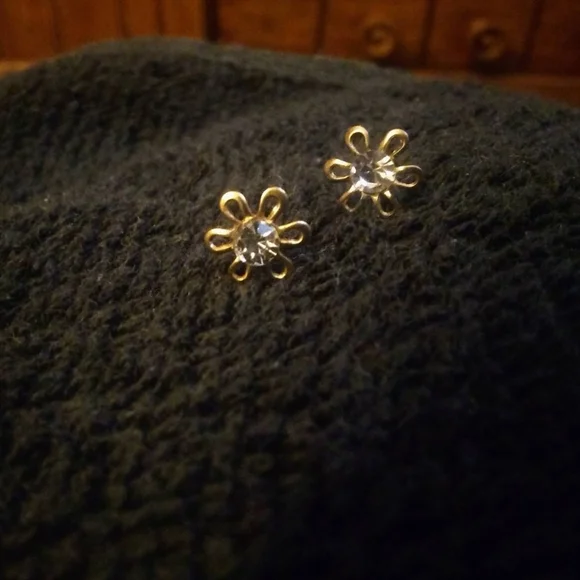 Gold (tone) & Rhinestone Stud Earrings - Picture 6 of 6